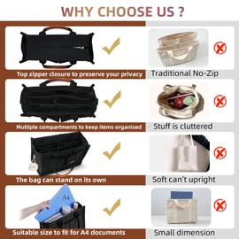 BECOJADDE Canvas Tote Bag Purse for Women with Zipper Closure, Individual Compartments, Detachable Strap & Bottom Support, Ideal for Work, School, Travel, Daily, College, Bible Black Large