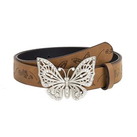 FDEETY Women's Vintage PU Leather Belt Butterfly Decorative Belt Fashion Gold Buckle Adjustable for Jeans Dresses and Casual Outfits, brown
