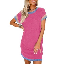 Acelitt Women Casual Summer Dresses Fashion 2024 Color Block Crewneck Short Sleeve Soft Vacation Beach Ribbed Shift Tshirts Mini Dress Rose Medium