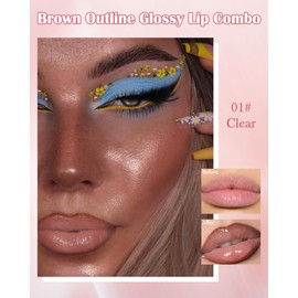 Brown Peel Off Lip Liner Stain & Clear Lip Oil Set, Waterproof Long Lasting Tattoo Peel & Reveal Lip Stain Tint, Hydrating Non-Sticky Tinted Lip Gloss Oil, Plumping Glossy Lip Combo Makeup for Women-A