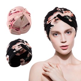 2 Pieces Flower Pattern Headscarf, Soft and Comfortable Headscarf, Women's Chemotherapy Hat, Colorful Beanie Hat, Pleated Hat, Anti-Hair Loss Hat Black