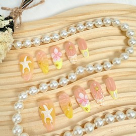 BQZQPAMZ 10Pcs Star Flower Press on Nails Medium 3D Gold Star Rhinestone Almond Shape False Nails Yellow Gradient Press on Fingernails Glossy Full Coverage Acrylic Nails for Women Summer Manicure