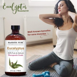 MAJESTIC PURE Eucalyptus Essential Oil | 100% Pure and Natural Eucalyptus Oil | Premium Grade Essential Oils for Hair Care, Home Diffusers, Skin, Aromatherapy, Massage and Humidifiers | 4 Fl Oz