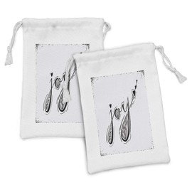 Lunarable JOY Fabric Pouch Set of 2, Typographic Design of Joy Word with Floral Hearts and Arrow Shapes Theme, Small Drawstring Bag for Toiletries Masks and Favors, 9" x 6", Black and White