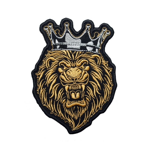 Gold Lion with Silver Crown Embroidered Patch Iron On. Size: