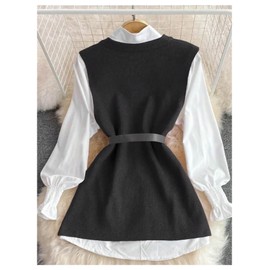 OYOANGLE Women's Slit Hem Crew Neck Knit Sweater Vest Tunic Sleeveless Pullover Tops Black Large