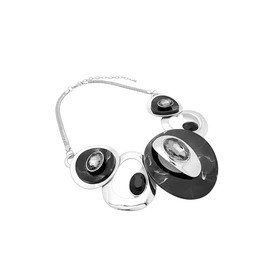 Fashion 21 Women's Celluloid Acetate Oval Disc Glass Stone Metal Link Statement 17 inches Plus Extension Link Necklace (Silver + Black Tone)