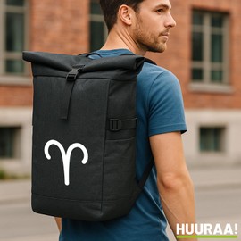 Huuraa Messenger Backpack Aries Zodiac Sign Gift 30-44 Litres Black Melange Fairtrade Rolltop Backpack Aries Gift Idea