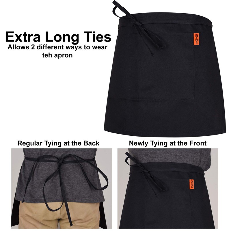 Waist Apron, Black Waiter Waitress Aprons with 2 Pockets Bistro
