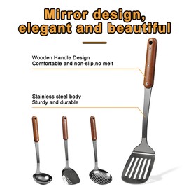 FJNATINH Stainless Steel Wok Spatula,Slotted Spatulas,Ladle,Skimmer Ladle Tool Set,Mirror Polished Cooking Utensils Kitchen Cookware, Pack of 4,Black