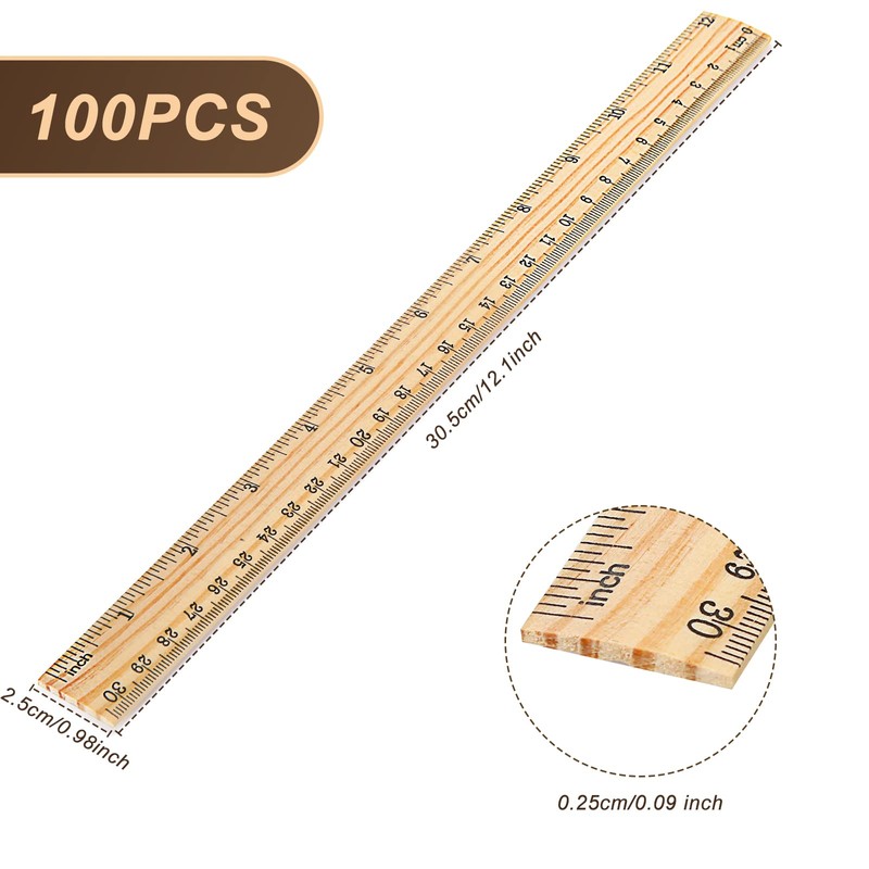 Zonon 100 Pcs Wooden Ruler Bulk Wood Measuring Ruler Office