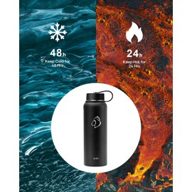 BUZIO Insulated Water Bottle with Straw, Stainless Steel Water Bottle with Straw 1180 ml Vacuum Cold for 48 Hrs, Hot for 24 Hrs Double Wall Wide Mouth BPA Free Leak Proof, Black
