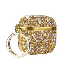 SCQYCWA Sparkly Bling Rhinestone Case for AirPods 4 with Keychain,Premium Luxurious Diamond Design Shockproof Protective Cover for Girls Women (Gold)