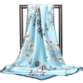 35 inches Silk Feeling Formal Large Square Neck Scarf Head Hair Wraps Handkerchief for Women Girls(Blue Flowers)