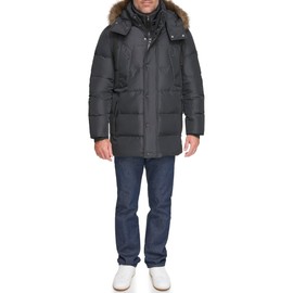 Andrew Marc Men's Gattica Down Parka Jacket with Removable Faux Fur Trimmed Hood and Bib, Black, Medium