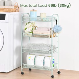 TOOLF 4-Tier Rolling Cart, Metal Utility Cart with 3 Hooks, Easy Assemble Mobile Storage Trolley On Wheels, Metal Shelving Units Kitchen Bathroom Laundry Room
