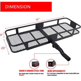 60" x 20" x 6" Hitch Mount Cargo Carrier Foldable Trailer Hitch Basket for SUV Car Truck, 500lbs Capacity Luggage Rack with Folding Shank, Powder Coating Fits 2" Receiver, Rust-Resistant Steel Mes