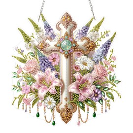 Aeepics Hanging Diamond Art Kit for Adult Religious, DIY Diamonds Painting Pendant Ornament Kit, Acrylic Diamond Art Painting Board Kit (Cross)
