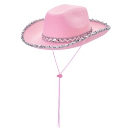 Edhomenn Adjustable Chin Strap Cowboy Hats Texan Cowgirl Hat with Scarf for Women Girls Cowboy Costume Theme Party Accessory (05 Pink, One size)