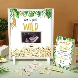 Beeveer 65 Pcs Baby Shower Guest Book He or She Gender Reveal Baby Shower Decorations Favors Sign in Guest Book wit Picture Frame and 60 Wooden Chip for Baby Shower Party (Gold Animal, Green)