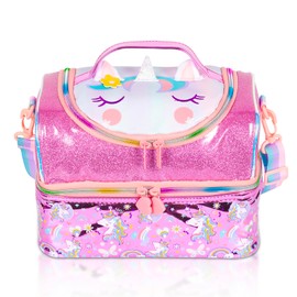PinkSheep Kids Double Decker Cooler Insulated Lunch Bag Large Tote for Boys Girls Men Women with Adjustable Strap Unicorn