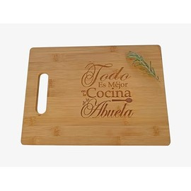 Todo Es Mejor en la Cocina de la Abuela Spanish Engraved Bamboo Wood Cutting Board with Handle for Grandmother Birthday Grandparents or Mother's Day