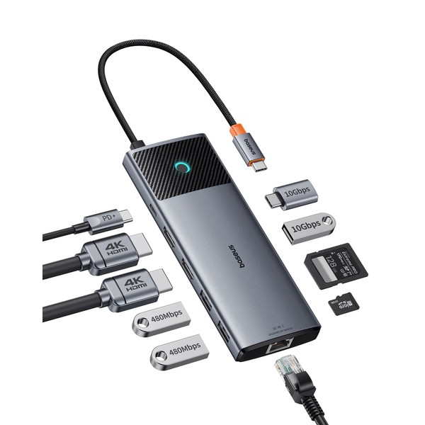 Baseus Docking Station USB C 2 Display, 10 Gbps 10 in 1 Docking Station with 2 HDMI Single 4K@120Hz, Dual 4K@60Hz, 10Gbps USB-A and USB-C, Gigabit Ethernet and PD 100W for Mac/Dell/HP/Lenovo