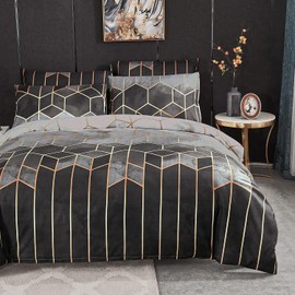 Freyamy Geometric Bed Linen 135 x 200 cm Grey Marble Reversible Bed Linen Vintage Checked Microfibre Duvet Cover and 1 Pillowcase 80 x 80 cm with Zip