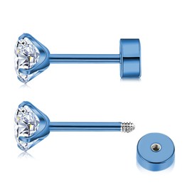 ZDE Titanium Women Flatback Earrings Blue Plated Cubic Zirconia Stud Earrings 5mm Flat Back CZ Earrings Hypoallergenic Cartilage Flatback Earring Tragus Helix Tragus Conch Piercing 3mm-5mm, 5MM,