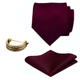 GUSLESON Brand Men's Wedding Solid Wine Burgundy Tie Necktie With bar pins brooch and Pocket Square (0799-06-G)