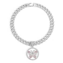 CAVIEA Chunky Butterfly Pendant Cuban Chain Link Choker Necklace for Women Fake Diamond Iced out Bling Hip-hop 90s Rapper Costume Party Jewelry