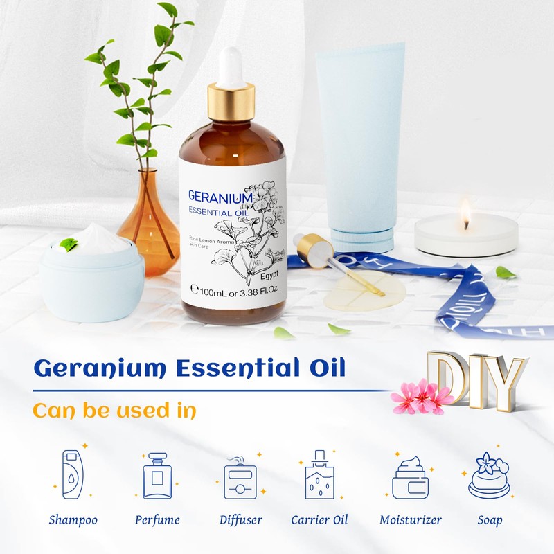 HIQILI 100ML Geranium Essential Oil for Skin, Diffuser & Candle,