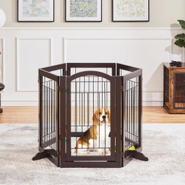 Yaheetech 32-inch Tall Dog Gate with Door Extra Wide Pet Gate for Dogs, Foldable Wire & Wooden Puppy Safety Fence w/3 Support Feet,Freestanding Dog Gate for the House,Doorway,Stairs(Espresso,6 Panels)