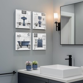 Framed Bathroom Wall Art Decor, Set of 4 Modern Blue Canvas Prints Painting Artwork for Walls, 4 Piece Restroom Accessories Bath Tub Toilet Pictures for Bathroom Wall Decor 12x12 inch