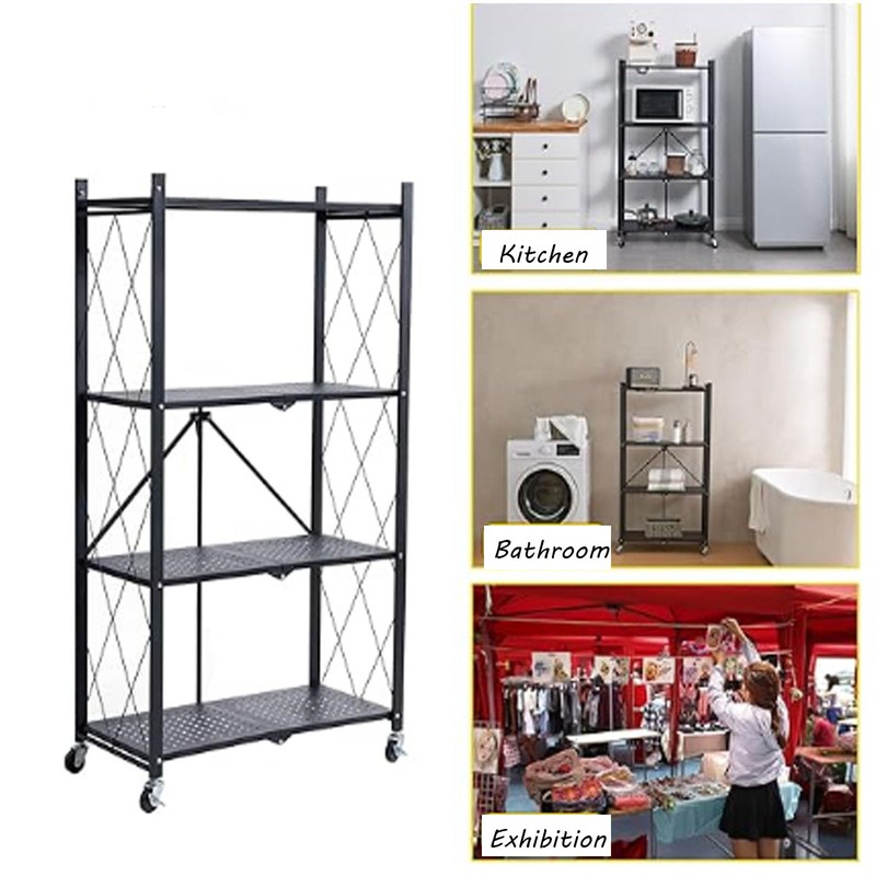 4-Tier Foldable Metal Storage Shelf with Wheels, 28.15" W x