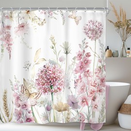Newsely Pink Floral Hydrangea Shower Curtain 72Wx72H Inch Cute Butterfly Plants Farmhouse Watercolor Flower Wildflower Shower Curtain Bathroom Set for Women Girl Waterproof Bath Accessories Home Decor