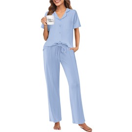 Ekouaer Pajamas for Women Set Button Up Sleepswear 2 Piece Short Sleeve PJ Top and Long Pants Loungwear With Pocket Light Blue M