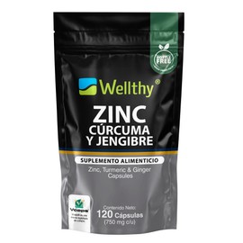 Wellthy Zinc, Cúrcuma y Jengibre 120 Cápsulas. L-Optizinc Fórmula Patentada de Alta Aborción por el Laboratorio Suizo Lonza. Solo 1 Cápsula al día,