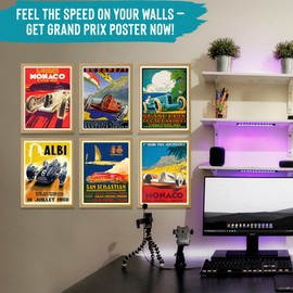 Wallbuddy Set of 6 Car Racing Grand Prix Posters F Poster Formula Poster Car racing Print Motor Racing Poster 1930, 1936, 1937, 1952, 1966, 1970 (5 x 7)