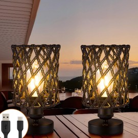 ALL FORTUNE Cordless Outdoor Table Lamps, Small Rattan Boho, Rechargeable Battery Operated for Outdoor Patio, Home, Living Room, Bedroom, Bedside - Set of 2 (Black-A)