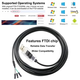 DTECH USB to TTL Adapter FTDI Chip 3.3V 3 Pin USB to UART Debug Cable FT232RNL IC Serial Converter 6ft LED Indicators Output 3.3 Volt for Windows 11 10 8 7 XP MAC Linux Easy Debugging Programming