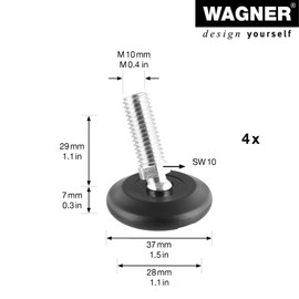 WAGNER Set of 4 Adjustable Foot / Levelling Foot with Ball Joint Diameter 37 mm, Black, Threaded Screw M10 x 25 mm, Furniture Glides - Wool Felt Ultrasoft - Diameter 30 mm Included - Made in DE -