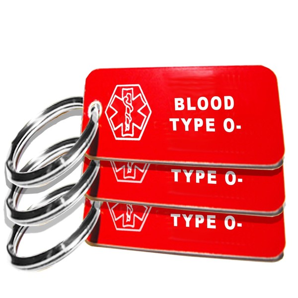 My Identity Doctor - 3 Pre-Engraved Blood Type O- Plastic Medical Alert ID Keychains, Small 2.25 x .79 Inch