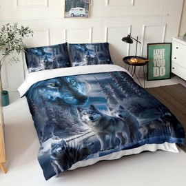 AILONEN Snow Wolf Bedding Duvet Cover Set, 3D Night Galaxy Starry Wolf Comforter Cover Set, Wild Animals Themed Quilt Cover and 2 Pillowcases for Boys Adults, 3 Pieces