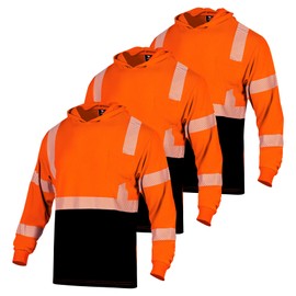 VENDACE 3pcs Safety Reflective High Visibility Long Sleeve Shirts ANSI Class 3 Hi Vis Construction Work T Shirts for Men with Hood(Orange,XL)