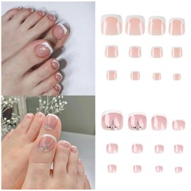 MWOOT 48 Pieces (2 Packs) Artificial Toenail Tips, Full Surface Rhinestones for Pressing Toenail, Short Square Nail Extension Tips for DIY, Women, Salon, Nail Decoration