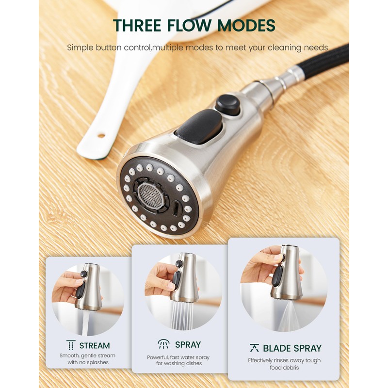 HEISOK Kitchen Faucet Head Replacement, 3-Function Pull Down Faucet Spray
