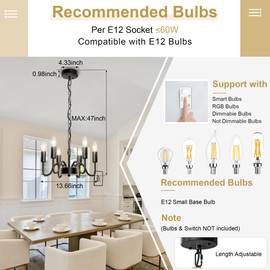 hansang Black Chandelier for Dining Room, Rustproof 6-Light Farmhouse Chandelier Light Fixture, 47Inches Modern Candle Hanging Light for Bedroom, Adjustable Rope, E12 Small Base, Bulbs Not Included