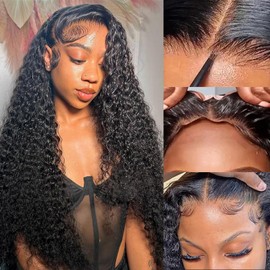 Wear and Go Glueless Wigs Human Hair Pre Plucked Pre Cut 5x5 HD Closure Wigs Human Hair Deep Wave Lace Front Wigs for Black Women 210% Dentisy 12A Deep Curly Glueless Wig Bleached Knots (30 Inch)
