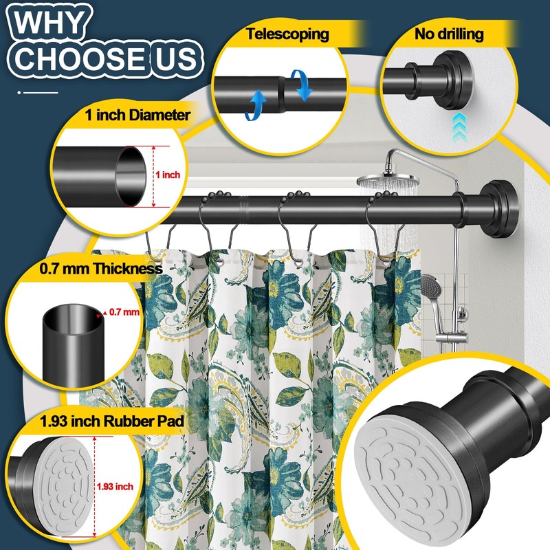Black Shower Curtain Rod 36-84 Inch(3-7ft) Never Rust No Drilling